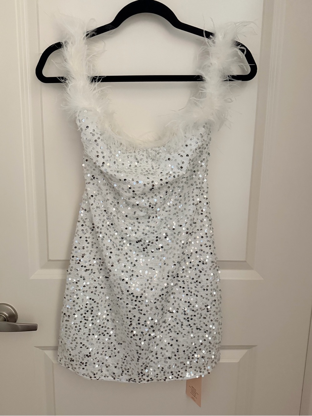 NWT Sparkle White Sequin Feather-Trim Dress